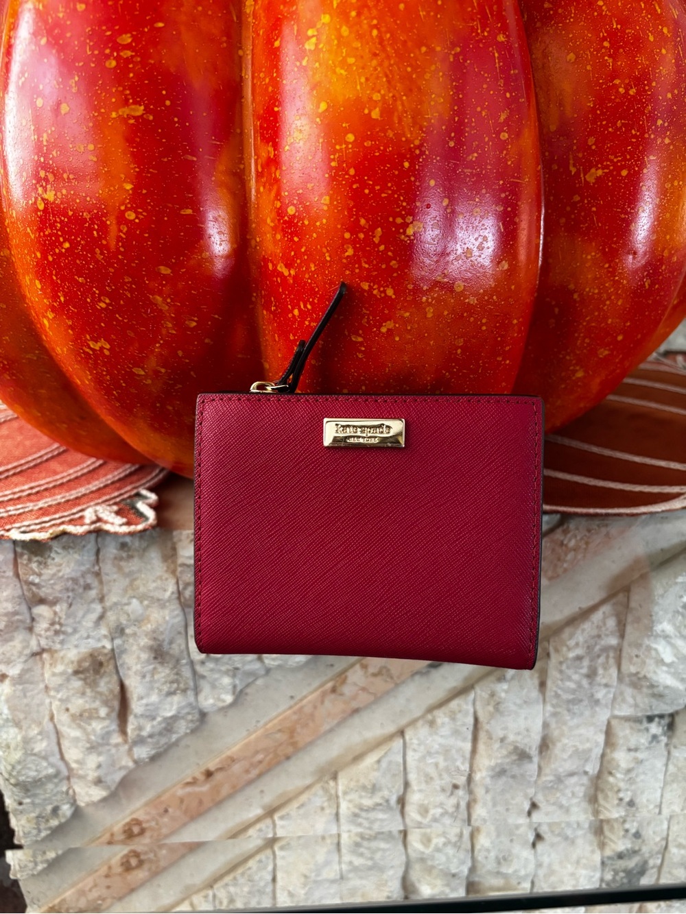 kate spade Red Compact Saffiano Zip & Snap Wallet